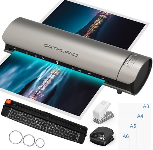 Orthland Laminiergerät A3 mit Laminierfolien 30 Stück für A3 A4 A5 A6, 9 in 1 Heiß und Kalt Laminiermaschine Set mit Papierschneider und Eckenabrunder für Büro, Schule und Zuhause, 80/125 Micron