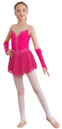 YEAHDOR Abiti da Ballo Latino Salsa Bambina Senza Maniche Leotards con Guanti Paillettes Body da Pattinaggio Artistico Vestito da Danza Classica Ballerina Jazz B Rosa Caldo 5-6 Anni