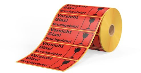 Multi-Shopping Warnetiketten auf Rolle - Vorsicht Glas Bruchgefahr - 105 x 37 mm - 1000 Stück je Rolle - Kern: 25 mm Paketaufkleber