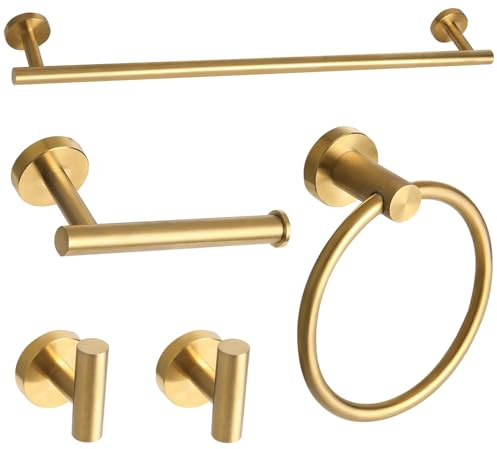 Ntipox Ensemble de 5 accessoires de salle de bain en acier inoxydable SUS304 doré brossé, 61 cm, porte-serviettes, kit d'accessoires de salle de bain doré à fixation murale