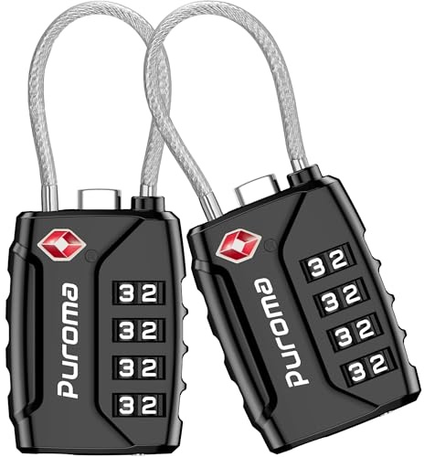 Puroma 2 Pack TSA Approved Luggage Locks 4 Digit Code Cable Lock Black