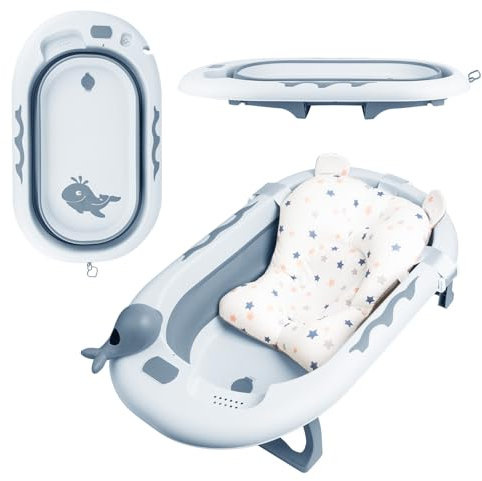 Kidsbuddy Faltbare Baby Badewanne,Babywanne mit Rutschfestem Badekissen,Weiche Duschkissen,Abflussloch,Baby-Duschspielzeug,Platzsparend,Baby Bathtub,Tragbare Baby Wanne für Babys von 0-36 Monaten,Blau