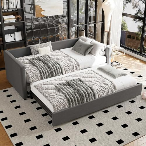 LULUWA Upholstered 3FT Single Bed 90x190cm - Convertible to Double Daybed Sofa for Adults & Teenagers - Easy Assembly Linen, Mattress Not Included (Grey)