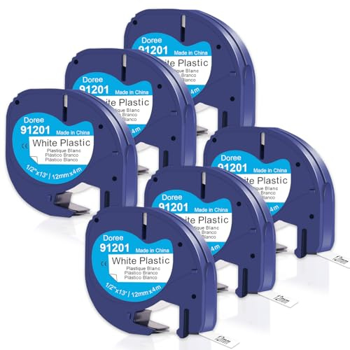DOREE (6 Pack) 91221 91201 S0721660 Plastic White Band,12mm x 4m,Schwarz auf Weiß,kompatibel mit Dymo Letratag 91221,für Dymo Etikettenband Beschriftungsgerät für LT-100H,LT-100T,XM,XR,200B