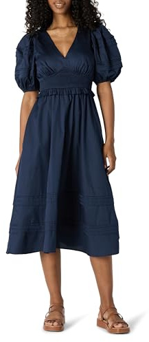 Amazon Essentials Robe Mi-Longue en Satin de Coton à Manches Bouffantes et Col en V, Coupe Ajustée et Évasée Femme, Bleu Marine, XXL