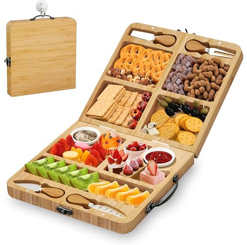 Kicinn Tabla de Quesos Plegable 58 x 29 cm - Tabla de Cortar Queso con 4 Cuchillos para Queso y 2 Salseras - Tabla Charcutería Bambú - Tabla de Tapas