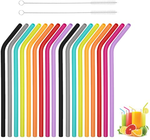 QSZHSL 18 Pezzi Silicone Cannucce Riutilizzabile, 2 Spazzole, Cannucce in Silicone, Colorato Ecologico Cannuccia per Adulto Bambini, Cannucce Lunghe Utilizzabili per Caffè, Bevande, Cocktail