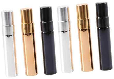 DECOMELODY 6pcs Glass Spray Bottles Refillable Atomizers with Aluminum Half Cover in Gold Silver Black Travel Pump Bottles for Body Spray and Fragrance