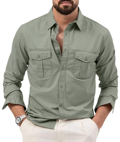 Långärmade safari-skjortor för män, utomhus, lättviktig, button-down vandring, resetröjor med flera fickor, ljusgrön, S