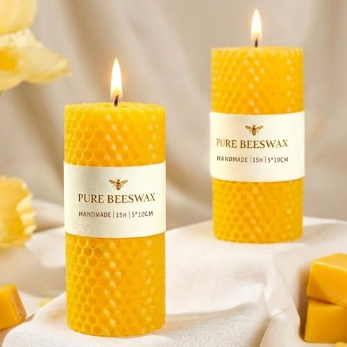2Pcs Beeswax Pillar Candles, Natural Paraffin-Free Handmade Candles, Pure Organic Beeswax, 15 Hour Perfect for Relaxation and Ambiance-4.5cm W x10cm H