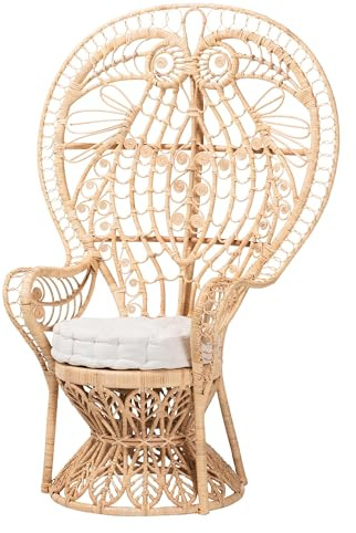 Bali & pari Kimiko Natural Rattan Peacock Chair with Cushion – Handwoven Wicker Accent Chair with Fan Backrest, Boho Coastal Statement Seating for Living Room or Event