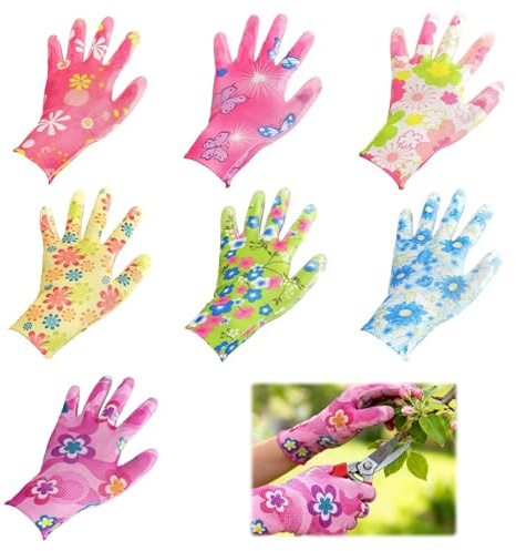 Guantes Jardinería Mujer 7 Pares – Guantes de Trabajo Mujer de Nylon 13 Gauge con Recubrimiento PU, Antideslizantes y Flexibles para Jardinería, Huerto y Uso Diario
