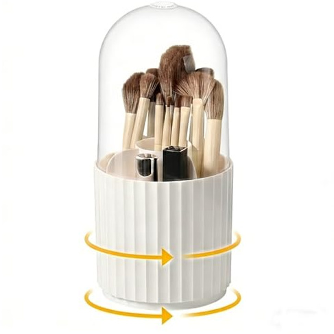 360° Make Up Organizer Drehbar, Schminktisch Kosmetik Pinsel Organizers, Zubehör, Staub und Wasserdicht Pinselhalter mit Einem Deckel für Zimmer Decor Frisiertisch, Schlafzimmer, Badezimmer, Weiß