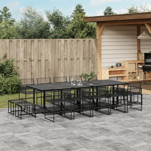 RMIHSJG Salon de jardin 15 pièces en polyrotin noir avec plateau en verre et cadre en acier pour terrasse, extérieur, mobilier de jardin, groupe de sièges, rotin synthétique