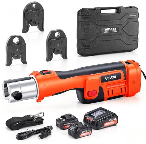 VEVOR Herramienta de Prensado de Tuberías 32 kN 18 V, Juego de Herramientas de Prensado para Tubos con Mordazas V15 V22 V28 Perfil V, Prensadora Inalámbrica para Fontanería Incluye Cargador Baterías