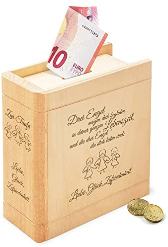 Casa Vivente Spardose aus Holz mit Gravur zur Taufe, Motiv Engel, Sparbüchse als Taufgeschenk für Mädchen und Jungen