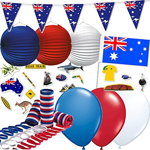 Kit de décoration 130 pièces « Australie » pour une fête de pays // avec guirlande de fanions + drapeaux + lampions + ballons + serpentins + confettis // Décoration de fête à thème d'adieu
