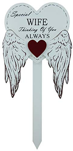 Global Designs Grave Stick - Guardian Angel Wings Heart Design, Special Wife Memorial, Wood, 26cm x 12cm
