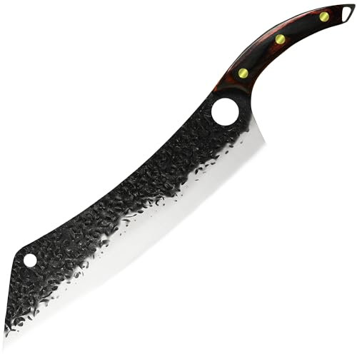 XYJ Coltello da macellaio lungo 12,5 pollici, lama martellata, manico in legno Pakka, coltello da cucina resistente per carne di tacchino