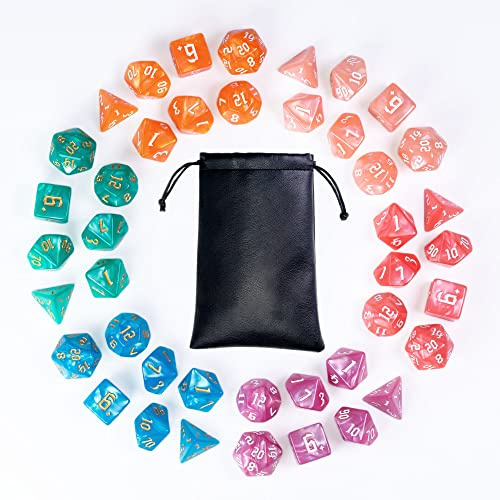 Poludie 6 Sets DND Dice Polyhedral Dice Set (42pcs) with 1 Large Leather Bag, D&D Dice Set for Dungeons and Dragons, RPG Table Games. (6 Sets Sickle Font Pearl Patte)
