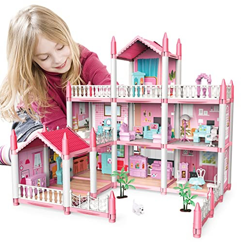deAO Puppenhaus– 3-stöckiges DIY Rollenspiel-Spielset, Puppenhaus-Zubehör und Möbel, Geschenk für 6 7 8 9 Mädchen Kleinkinder (ROSA)