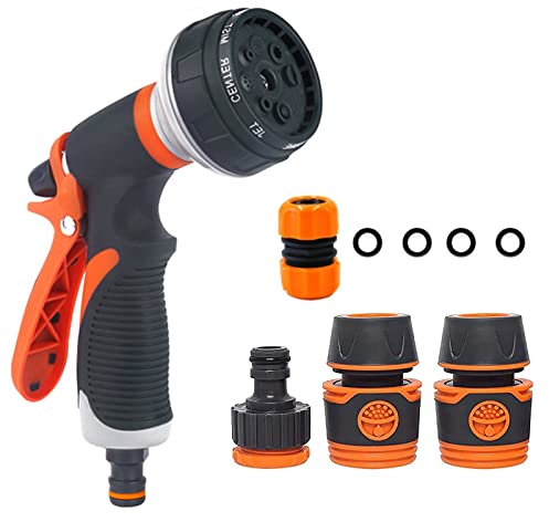 TFUFR Garden Hose Pipe Spray Gun Set, 8 Adjustable Patterns High Pressure Anti-Leaking Hose Gun with Hose Pipe Connect Adapters for Watering Plants and Lawns Washing Cars and Pets, Orange