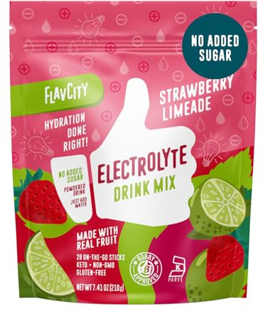 FlavCity Strawberry Limeade Electrolytes Powder Packets - 28 Hydration Packets - No Added Sugar - Hydration Powder with Real Fruit & Unrefined Sea Salt - Keto & Gluten-Free (28 Stick Packs)
