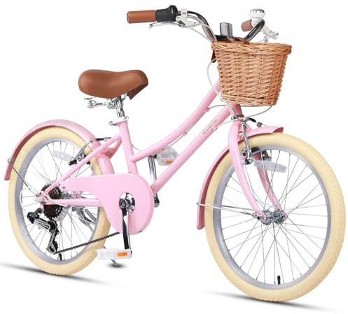 Glerc Missy Bicicleta Híbrida para Niñas de 20 Pulgadas, Bicicleta Urbana para Adolescentes de 6 Velocidades, para Jóvenes de 6, 7, 8, 9, 10, 11 y 12 años, con Cesta de Mimbre, Color Rosa.