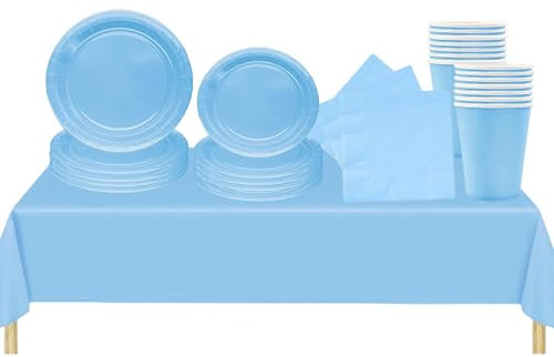 69 Pezzi Set Stoviglie per Feste Azzurro,Piatti Tazze Asciugamani di Carta Tovaglia Plastica Stoviglie Monouso Biodegradabili,Decorazione Desktop per Feste di Compleanno,Picnic,Baby Shower