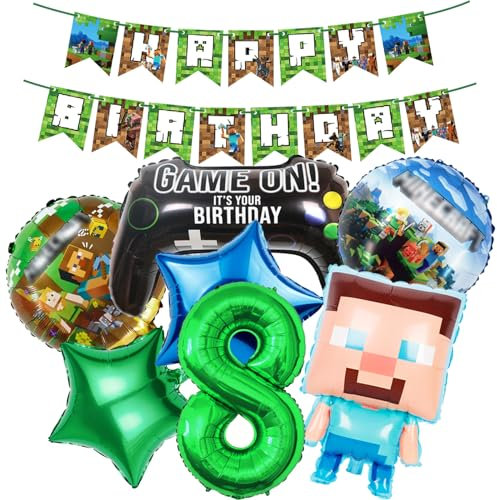 8 Stk Geburtstagsdeko Jungen 8 Jahre Miner Gamer Anime Cartoon Kindergeburtstag Luftballons Geburtstag Deko Set Happy Birthday Girlande Kinder Grün Blau Banner Helium Folienballon Partyzubehör Deko