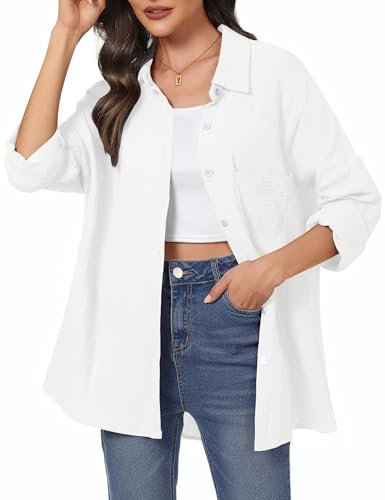 Aottori Musselin Bluse Damen Oversize Hemdbluse Oberteile Langarm Hemd Longbluse Langarmshirt Elegant V-Ausschnitt Baumwolle Lockere Blusenshirt Blusen Tunika mit Tasche Weiß L