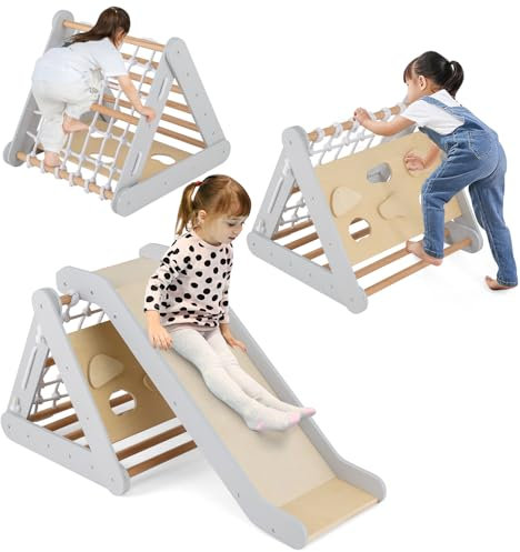 COSTWAY 4 en 1 Triangle d'escalade Montessori Enfant avec Toboggan, Echelle d'escalade en Bois avec Filet, Inclinaison Réglable, Intérieur, Charge 50kg pour Enfants de 1 an+