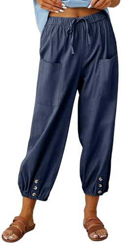 CrystErzoix Pantaloni Donna Estivi Leggeri Cotone Pantaloni a 7/8 Gamba Larga Casual Pantaloni Cropped Harem Pants Elastici in Vita per Spiaggia Vacanze