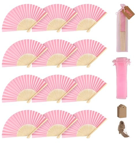 SWAWIS 28 Stück Fächer Hochzeit Papierfächer Rosa Handfächer Fecher Faltbare mit Organzasäckchen und DIY Etiketten für eine Abkühlung im Sommer Hochzeit Geburttag Party Taufe Gastgeschenk