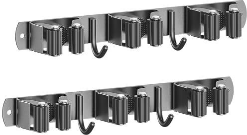 Radikor Colgador Escobas y Fregonas, Soporte Escobas Pared Adhesivo con 3 Soportes y 2 Ganchos, Sujeta Escobas Pared Atornillable, Portaherramientas de Jardín, Soporte para Fregona Escoba, Negros