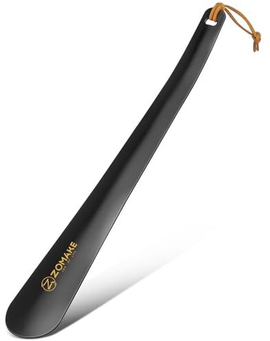 ZOMAKE Shoe Horn Long Handled, 30CM Long Shoehorn Metal for Men Women Elderly Seniors, Shoe Spoon Helper Football Boot Horn with Rope (30cm Black)
