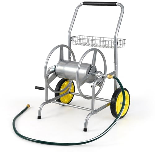 COSTWAY Chariot Dérouleur de Tuyau de Jardin, Outil d’Arrosage Extérieur Capacité de 70 m pour Tuyau de 16 mm, Dévidoir Métallique avec 2 Roues Panier de Rangement, pour Jardin Pelouse (Argent)
