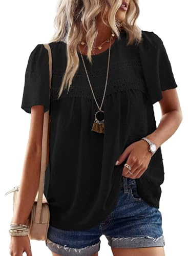 TUUHAW Women Tops Summer Round Neck Short Sleeve Shirts Flowy Crochet Boho | Dressy Casual Scoop Neck, Flowy Ruffle Sleeve Blouses, Elegant Summer, Basic Plain Loop, Bardot Hem Cute Shirts, Pleated Top