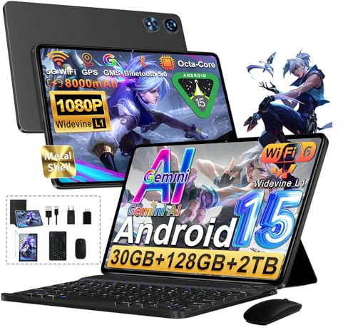 Android 15 Tablette 10 Pouces 30Go RAM+128Go ROM(TF 2To), Octa-Core, 8000mAh, 5G WiFi 6, 5+8MP, Contrôle Parental, Protecteur D'écran, Nombreux Accessoires,Tablette Tactile avec Clavier et Souris Noir