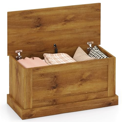 Giantex 35.5-Inches Storage Chest with Safety Metal Hinges, Wooden Flip Top Tool Trunk, Hydraulic Strut, Organizer Box, Large Farmhouse Storage Bench for Bedroom, Living Room, Entryway (Oak)