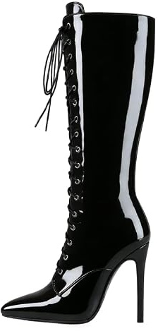 Veelau Meieer Bottes à lacets à talons hauts avec fermeture éclair pour femme, Vernis noir., 43 EU