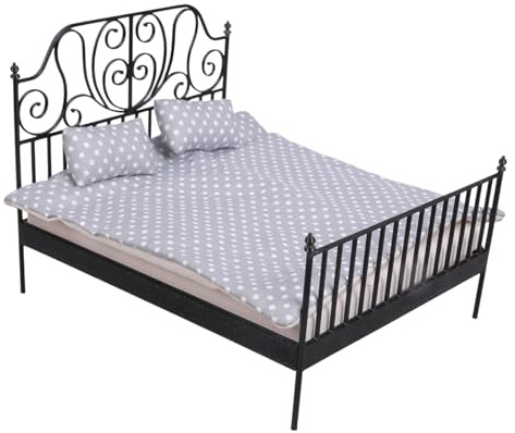 Bottone Maison de poupée style campagnard européen Lit double avec literie détachable Échelle 1/12 Miniature Présentoir Meubles Dollhouses Décoration