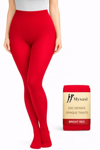 MYSASI Women's 100 den Opaque Tights Size XL. Bright Red.