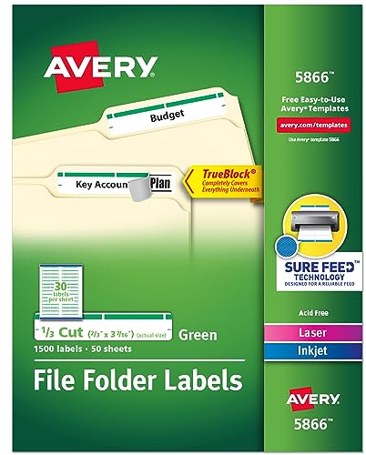 Avery Green File Folder Labels for Laser and Inkjet Printers with TrueBlock Technology, 2/3 inches x 3-7/16 inches, Box of 1500 (5866)