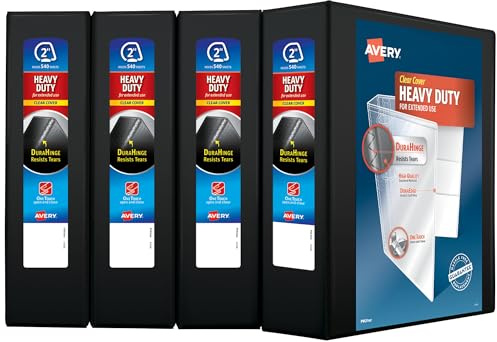 Avery Heavy Duty View 3 Ring Binder, 2 One Touch Slant Ring, Holds 8.5 x 11 Paper, 4 Black Binders (79872)