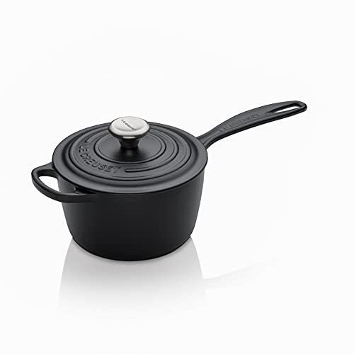 Le Creuset Signature Enamelled Cast Iron Saucepan with Anti Drip Pouring Lip and Vented Lid, for All Hob Types, 16 cm, 1.2 litres, Matte Black, 21181160002430