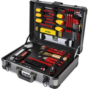 STIER Elektriker-Werkzeugsortiment, Werkzeugkoffer, 128-teilig, im robusten Aluminiumkoffer alles für den Profi, umfangreich und gut gesichert, Wasserwaage, Hammer, Bandmaß, Zangen