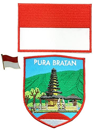 A-ONE 3 PCS Pack- Pura Bratan Embroidery+Indonesia Flag Metal Pin and Applique, Enamel Brooch, Bali Souvenir, Religious Decoration, Sew on Iron on Clothes Shirts Suits, Patriotism Accessory NO.292B