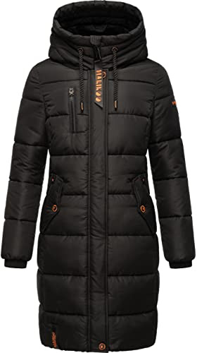 MARIKOO Damen Wintermantel warmer Steppmantel lang mit Brusttasche und verstellbarer Kapuze Yuikoo Black Gr. L