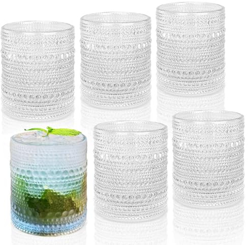 Hobnail Drinking Glasses Set of 6, 10 oz, Cocktail Glasses Vintage Glasses Drinking Set Glass Cups Mixed Drinkware Set Vintage Glassware Set for Juice, Cocktail, Whisky, Soda, Beverages. Clear